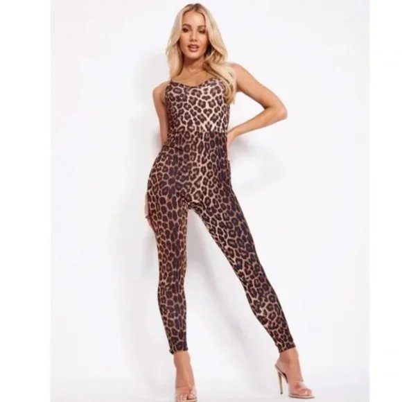 Leopard Print Animal Print Sleeveless V-Neck Bodycon Jumpsuit Playsuit - Picture 5 of 16